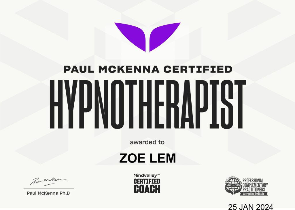 Paul McKenna certified Hypnotherapist awarded to Zoe Lem