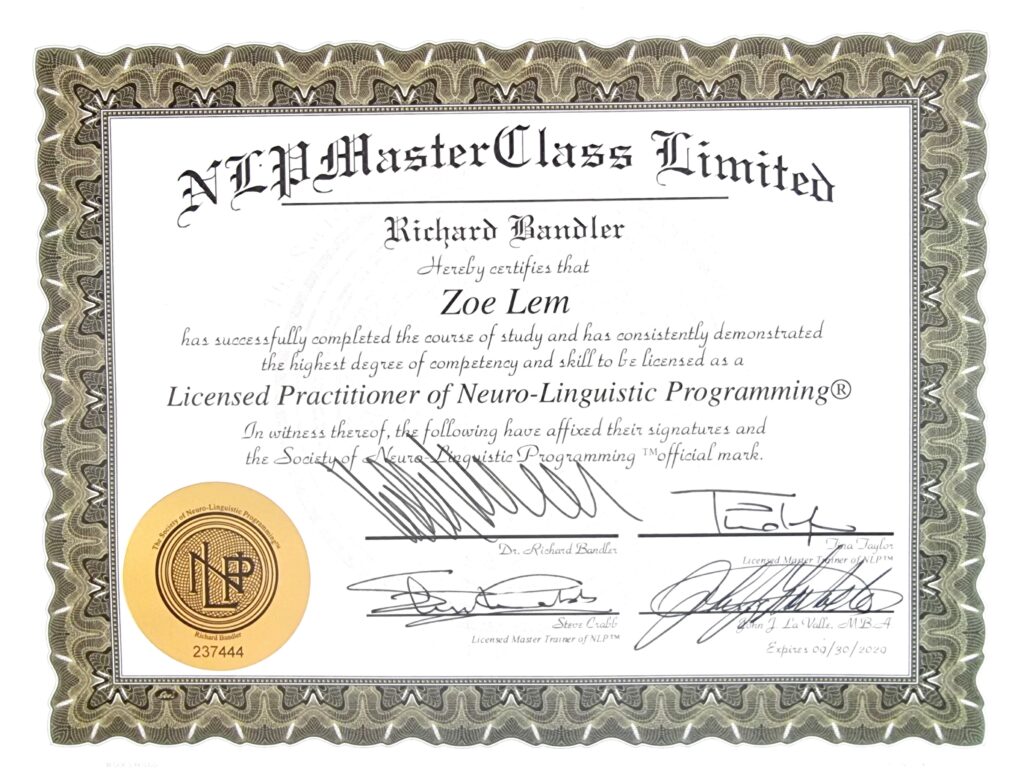 NLP certificate of Zoe Lem