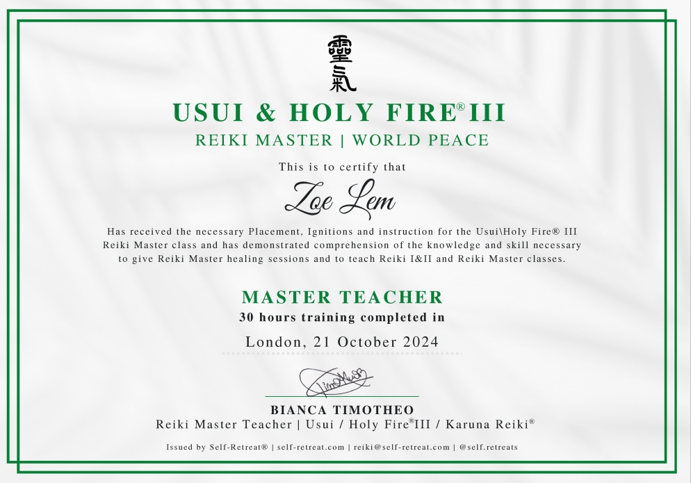 Reiki certificate of Zoe Lem